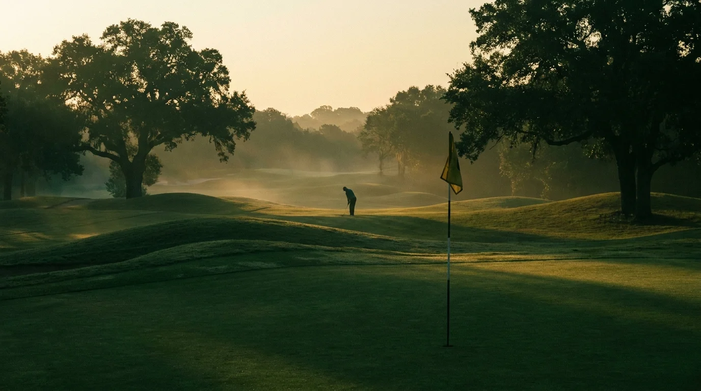 Golfer putting on a misty course at dawn
